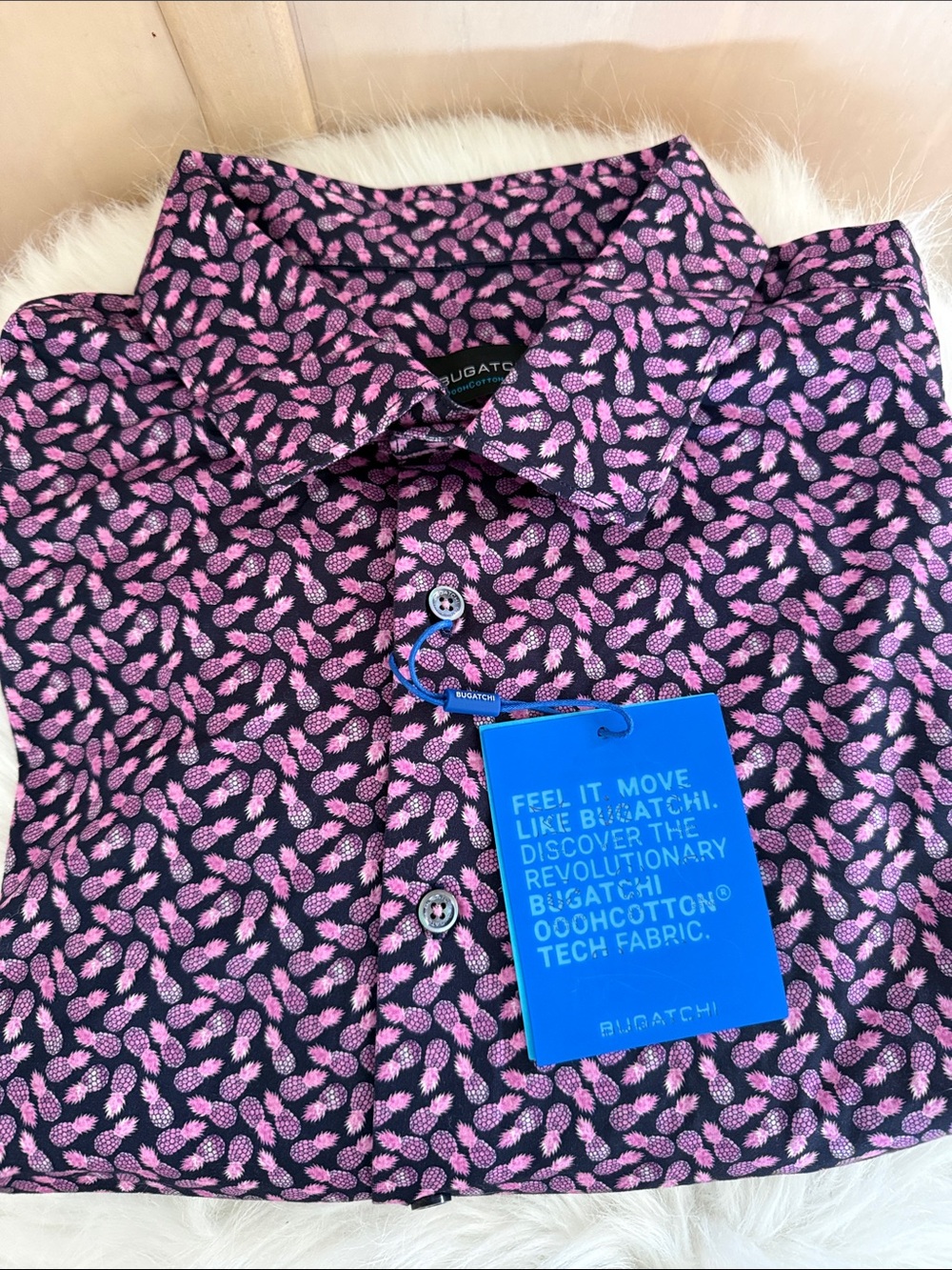 Bugatchi Ooohcotton 3XL Men’s Black Stretch Shirt with Pink Pineapple Print